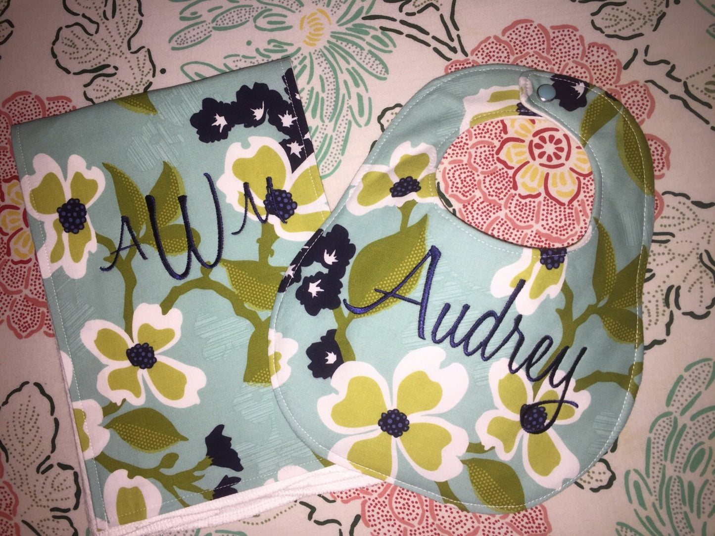 Personalized Boutique Bib and Burp cloth set - Custom Monogram - Joel Dewberry Modern Meadow Dogwood Bloom Pond