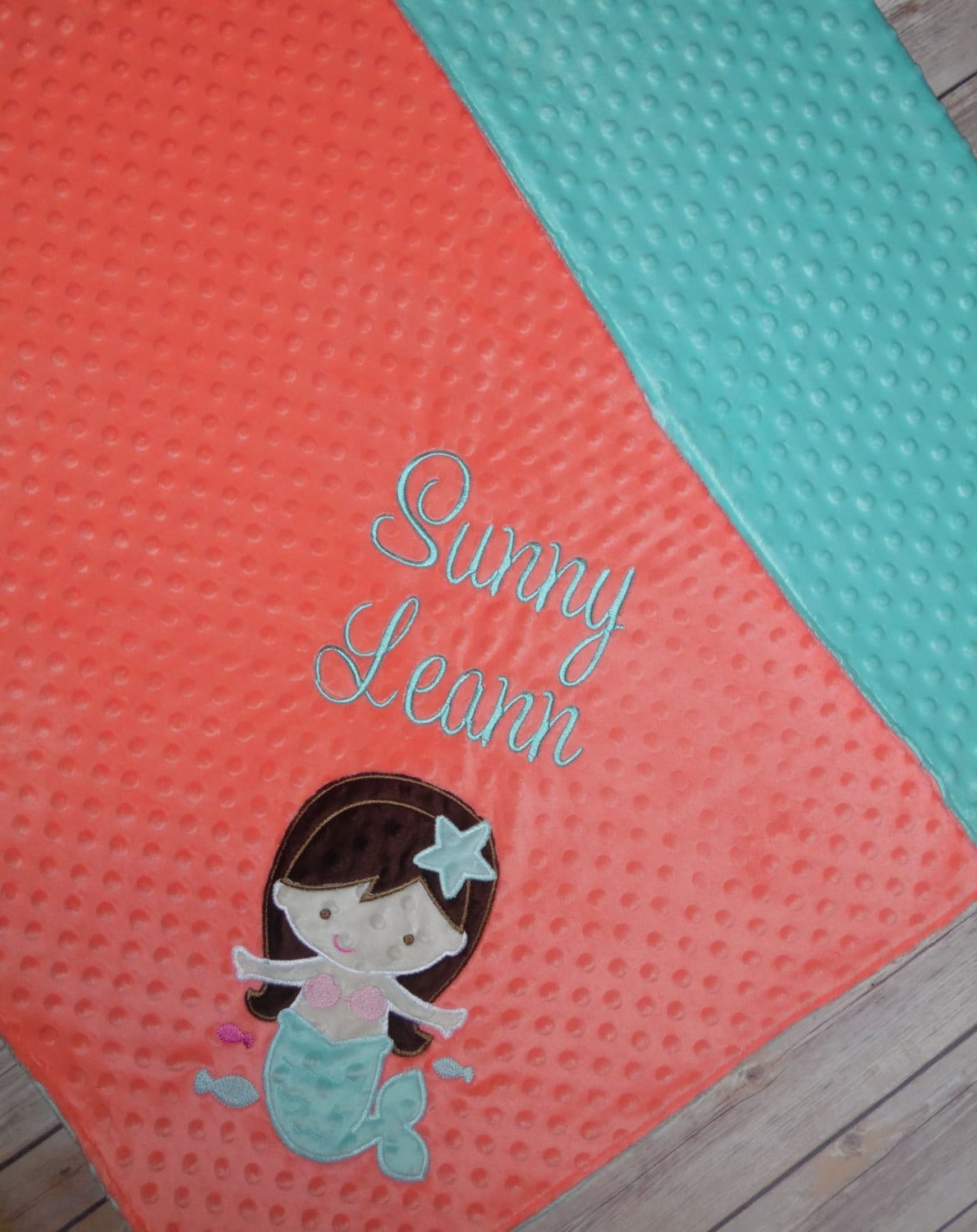 Mermaid- Personalized Minky Baby Blanket - Coral / Aqua  Minky - Embroidered Mermaid