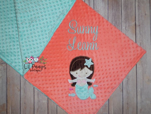 Mermaid- Personalized Minky Baby Blanket - Coral / Aqua  Minky - Embroidered Mermaid