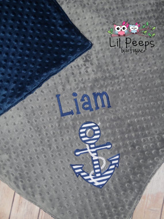 Anchor - Personalized Minky Baby Blanket - Grey / Navy  Minky - Embroidered Anchor