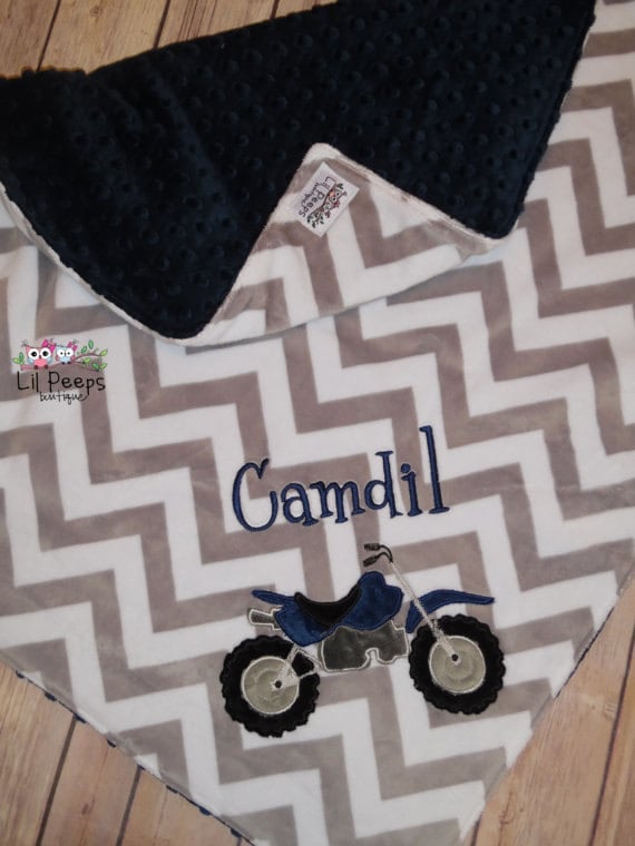 Dirt BIke- Personalized Minky Baby Blanket - Gray Chevron / Navy Minky - Embroidered Dirt Bike