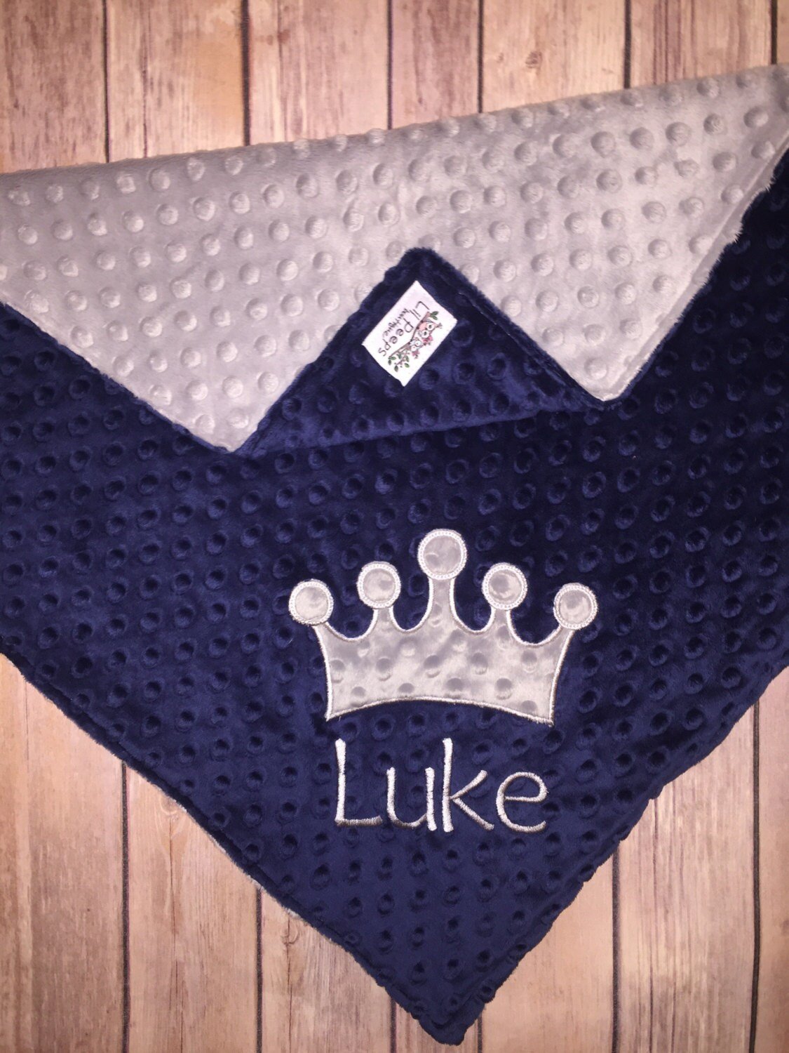 Personalized Crown Minky Baby Blanket - Navy and Gray Minky - Custom Monogram