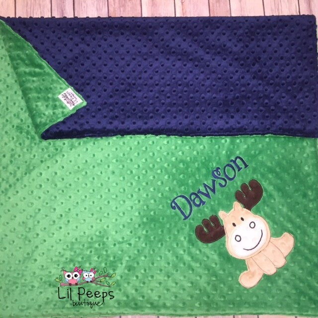 Moose- Personalized Minky Baby Blanket - Navy Blue / Green Minky - Embroidered Moose