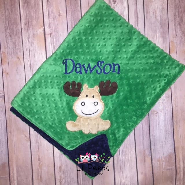 Moose- Personalized Minky Baby Blanket - Navy Blue / Green Minky - Embroidered Moose