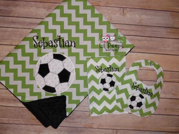 Soccer- Personalized Baby Minky Blanket and Bib & Burp Cloth