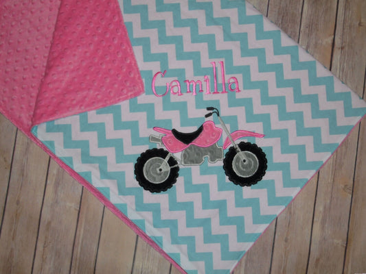 Dirt Bike- Personalized Minky Baby Blanket - Aqua Chevron / Pink Minky Minky - Embroidered Dirt Bike