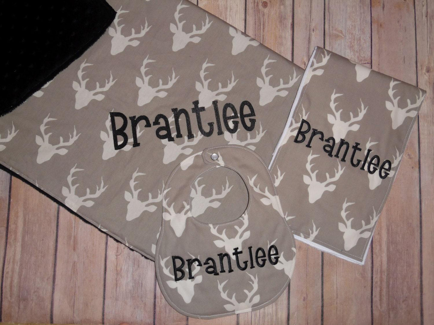 Buck / Deer- Personalized Baby Minky Blanket and Bib & Burp Cloth