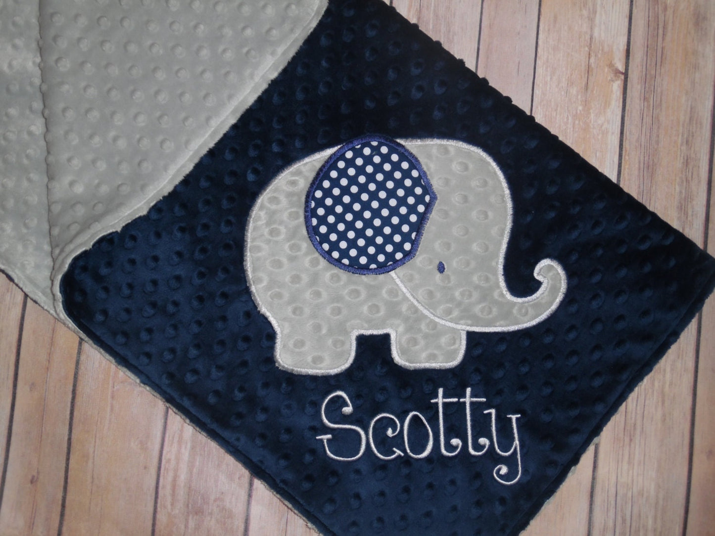 Elephant Blanket- Personalized Minky Baby Blanket - Gray & Navy  Minky - Embroidered Elephant