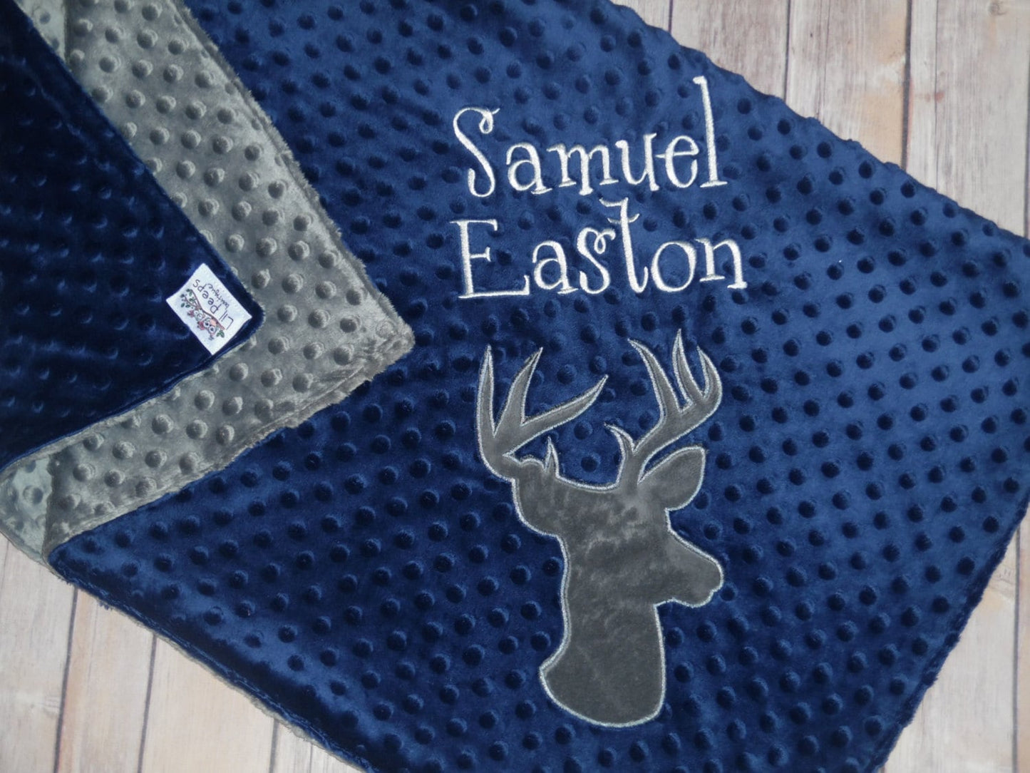 Buck- Personalized Minky Baby Blanket - Navy / Grey Minky - Embroidered Buck