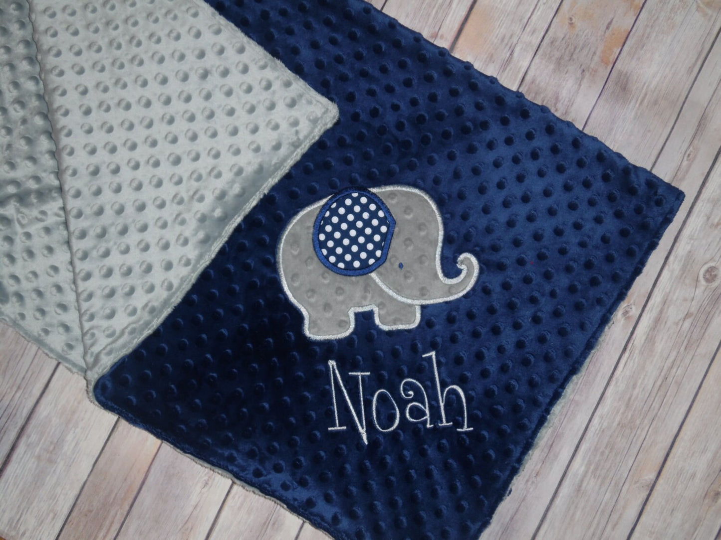 Elephant Blanket- Personalized Minky Baby Blanket - Gray & Navy  Minky - Embroidered Elephant