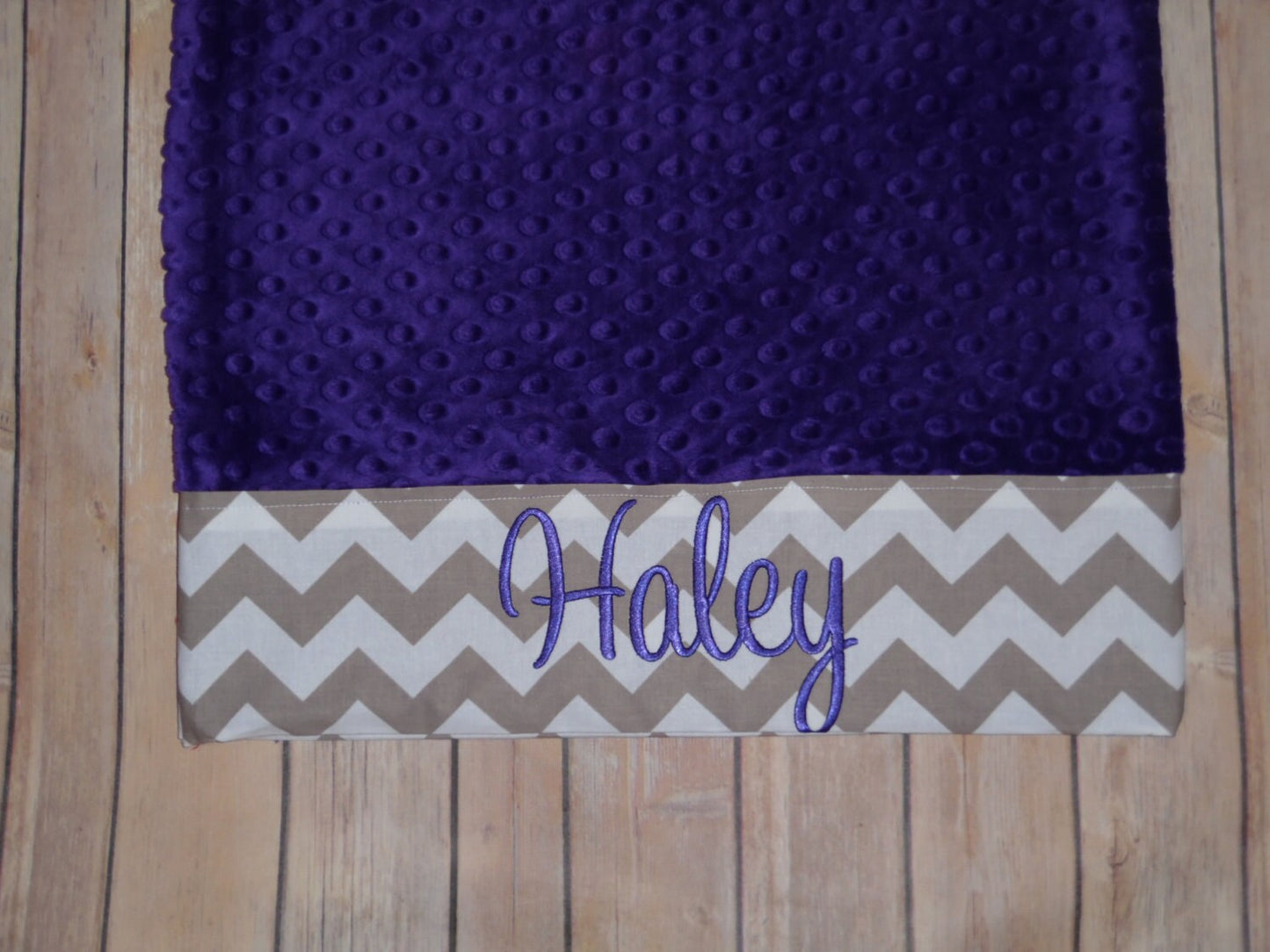 Personalized Minky Pillowcase  - Purple minky & Gray Chevron Trim