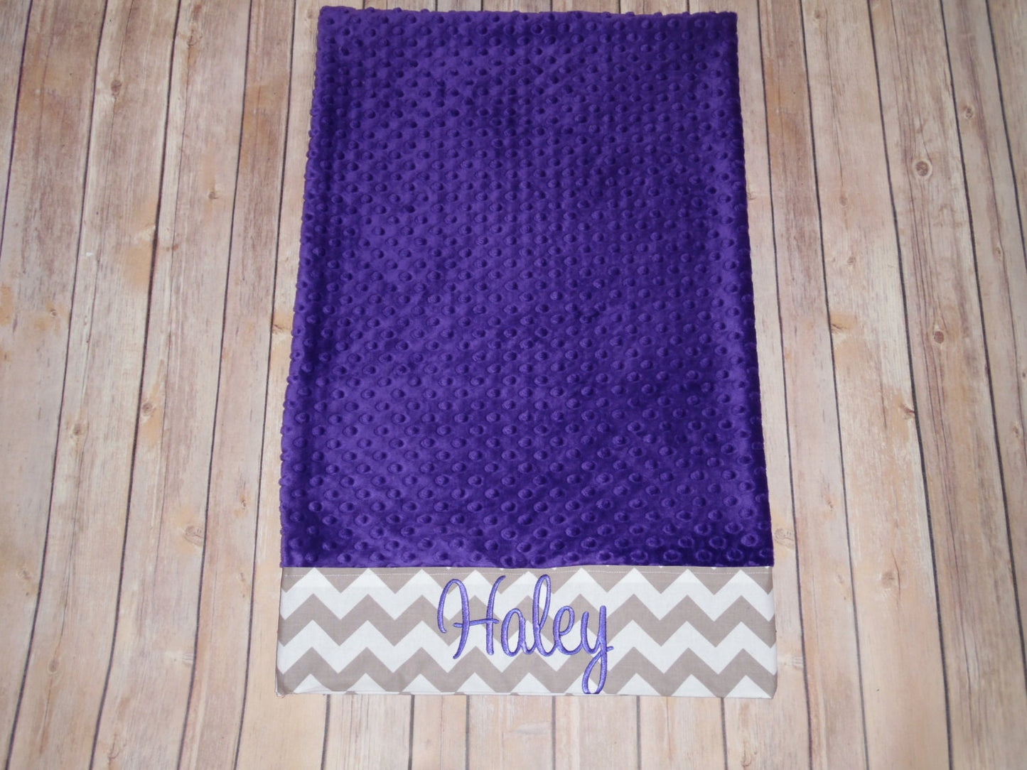 Personalized Minky Pillowcase  - Purple minky & Gray Chevron Trim