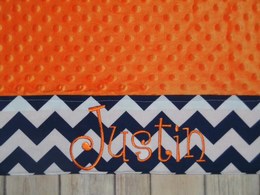 Pillowcase -Personalized Minky Pillowcase  - Orange Minky with Navy Chevron