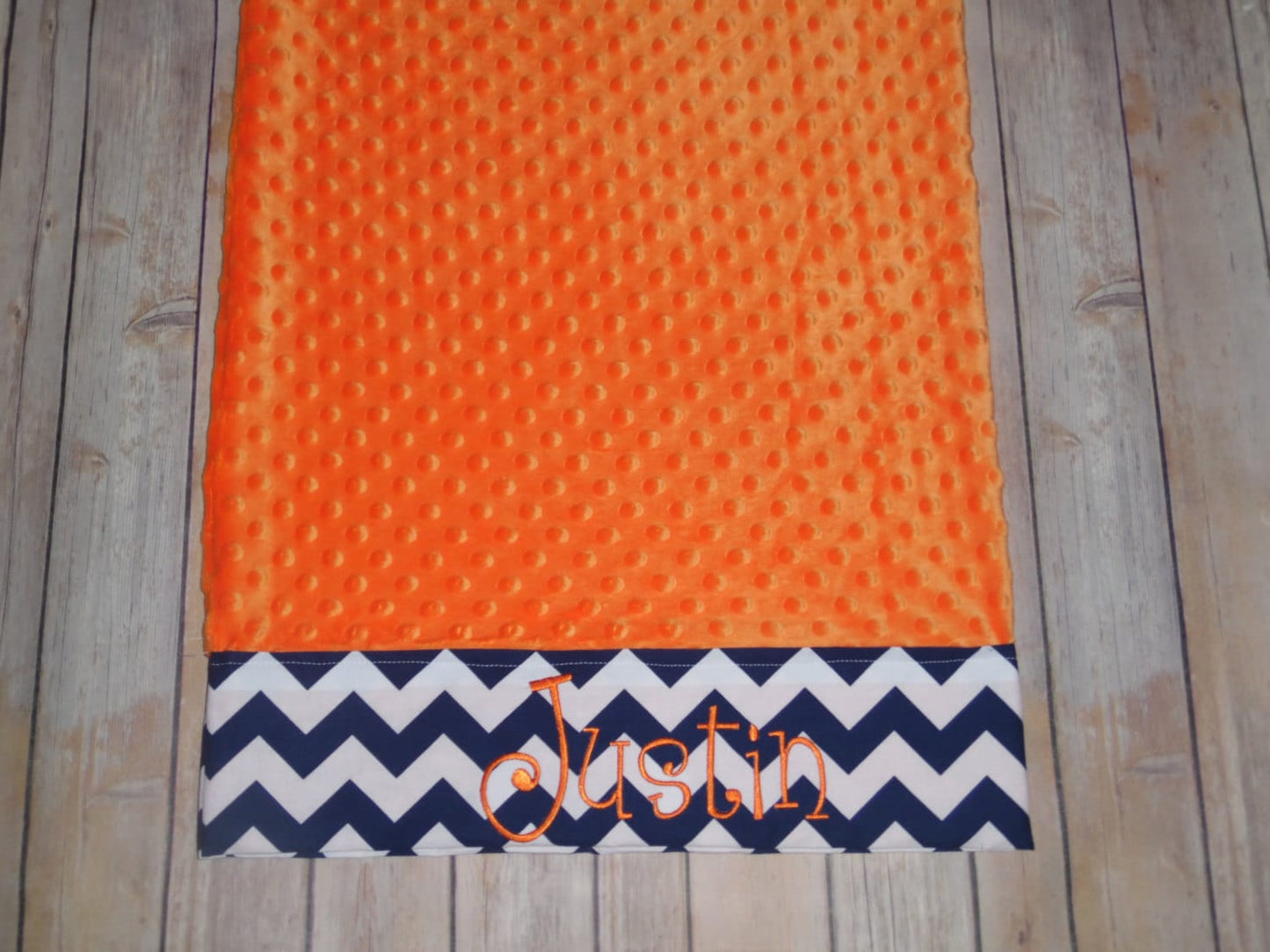 Pillowcase -Personalized Minky Pillowcase  - Orange Minky with Navy Chevron