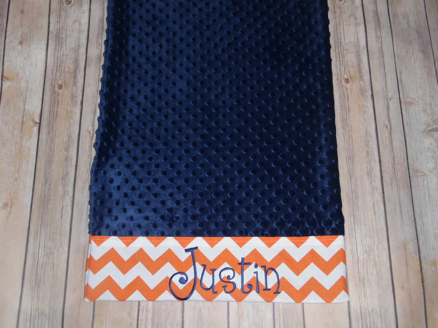 Pillowcase -Personalized Minky Pillowcase  - Navy Minky with Orange Chevron