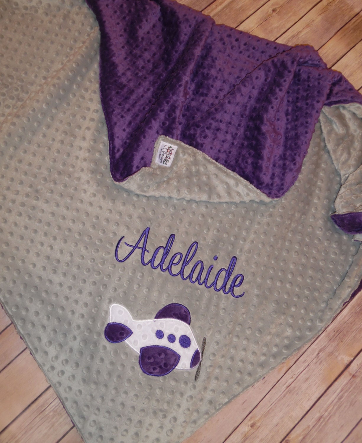 Airplane - Personalized Minky Baby Blanket - Silver / Purple Minky - Embroidered Airplane