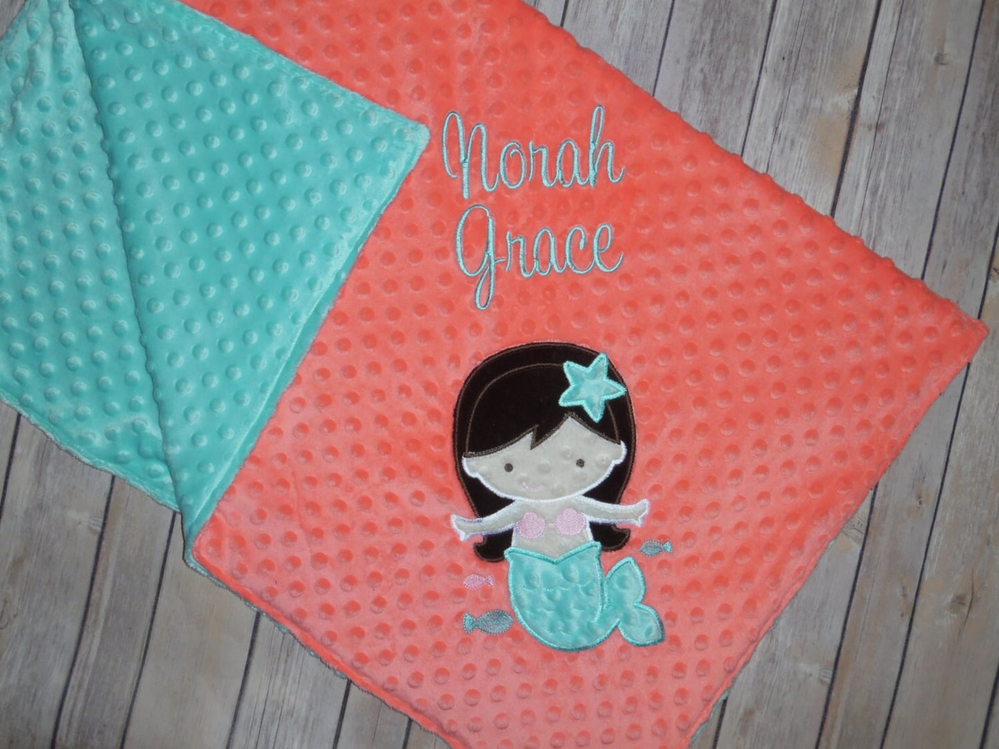 Mermaid- Personalized Minky Baby Blanket - Coral / Aqua  Minky - Embroidered Mermaid