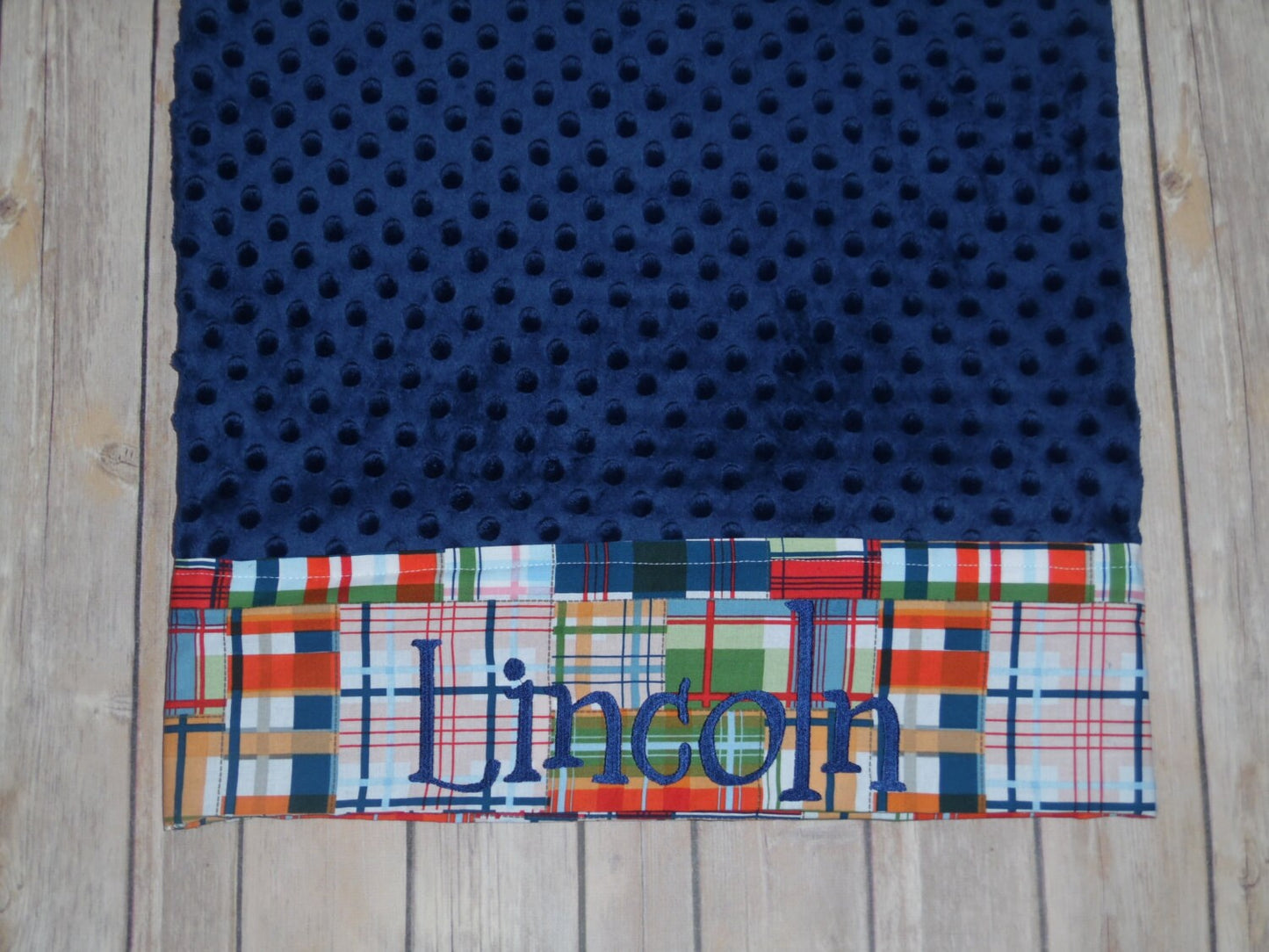 Pillowcase -Personalized Minky Pillowcase  -Navy Minky with Madras