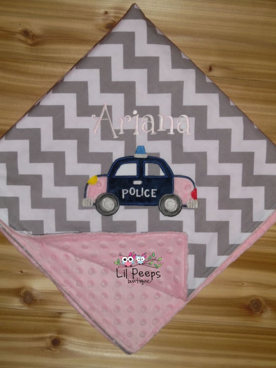 Police Car - Grey Chevron & Minky Baby Blanket with Embroidered Police Car