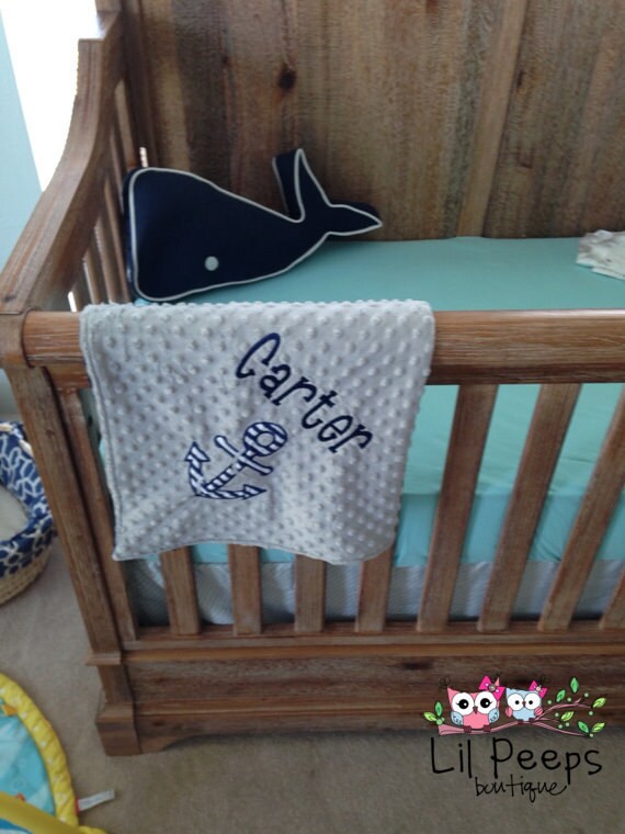 Anchor - Personalized Minky Baby Blanket - Grey / Navy  Minky - Embroidered Anchor