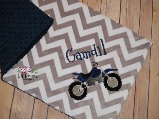 Dirt BIke- Personalized Minky Baby Blanket - Gray Chevron / Navy Minky - Embroidered Dirt Bike