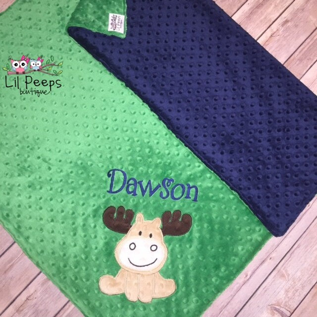 Moose- Personalized Minky Baby Blanket - Navy Blue / Green Minky - Embroidered Moose