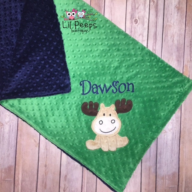 Moose- Personalized Minky Baby Blanket - Navy Blue / Green Minky - Embroidered Moose