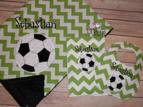 Soccer- Personalized Baby Minky Blanket and Bib & Burp Cloth