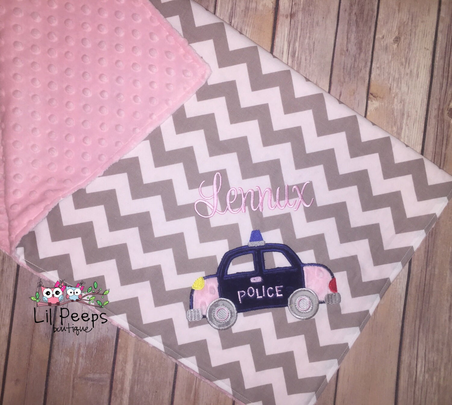 Police Car - Grey Chevron & Minky Baby Blanket with Embroidered Police Car