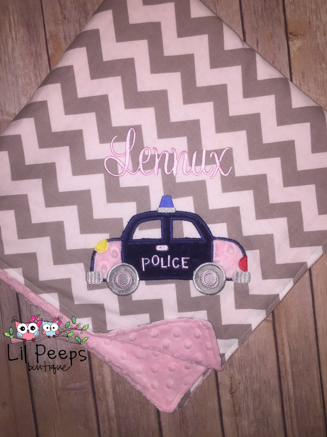 Police Car - Grey Chevron & Minky Baby Blanket with Embroidered Police Car