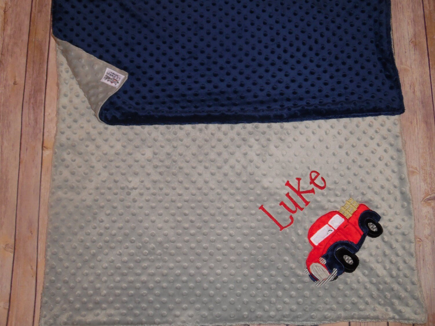 Antique Truck -Personalized Minky Baby Blanket - Navy Minky/ Gray Minky - Embroidered Antique Truck