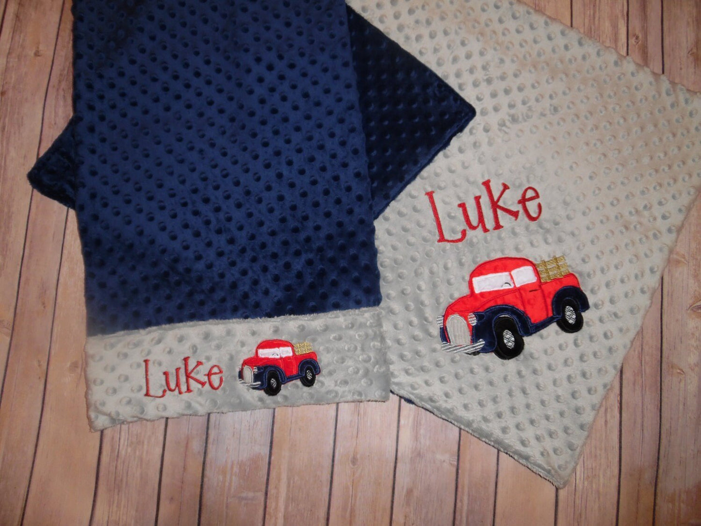 Antique Truck -Personalized Minky Baby Blanket - Navy Minky/ Gray Minky - Embroidered Antique Truck