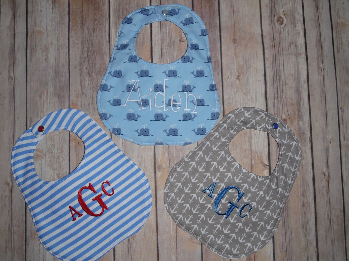 Personalized Bib Set of 3 - Nautical Prints - Stripes, Whales, Anchors