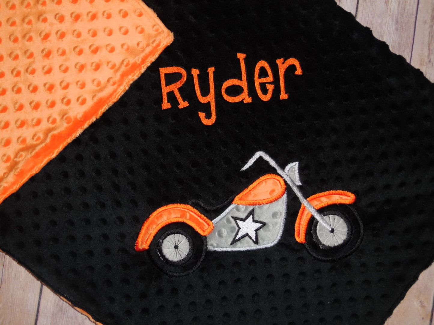 Motorcycle- Personalized Minky Baby Blanket - Black / Orange Minky - Embroidered Motorcycle