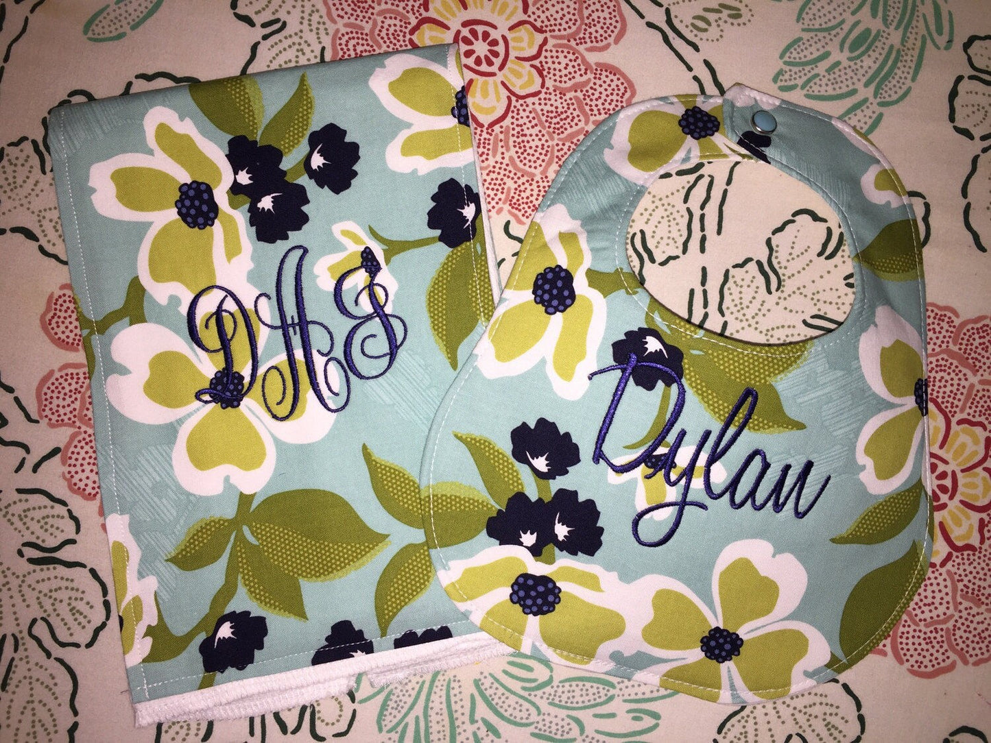 Personalized Boutique Bib and Burp cloth set - Custom Monogram - Joel Dewberry Modern Meadow Dogwood Bloom Pond