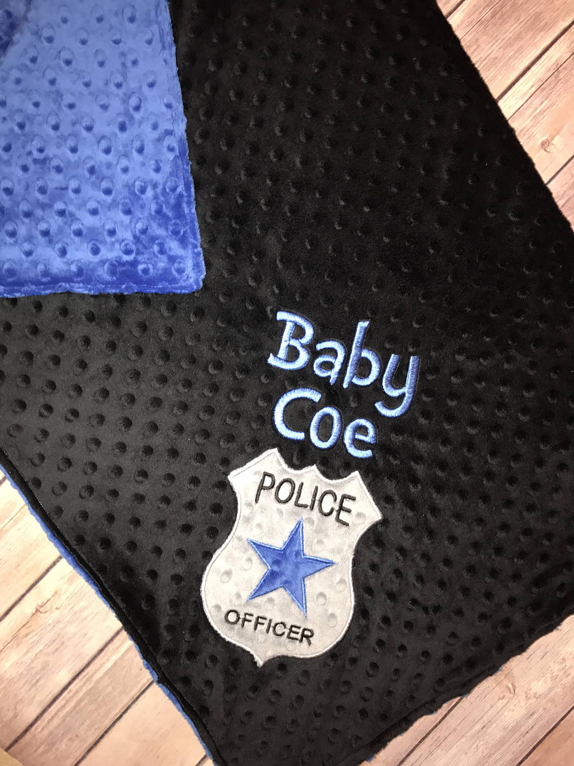 Police Badge - Personalized Minky Baby Blanket - Blue  / Black Minky - Embroidered Police Badge