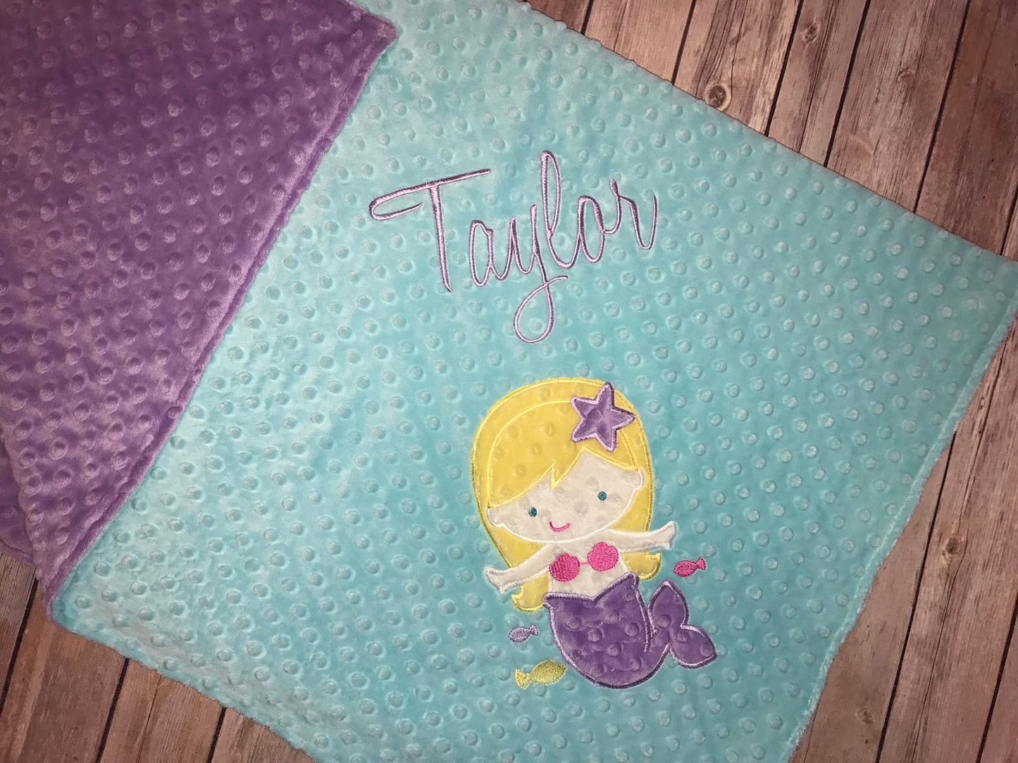 Mermaid- Personalized Minky Baby Blanket - Purple / Aqua  Minky - Embroidered Mermaid