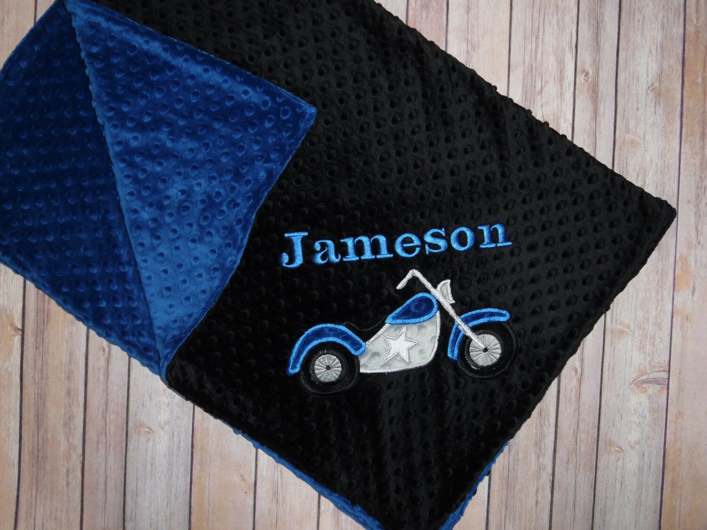 Motorcycle- Personalized Minky Baby Blanket - Black / Blue Minky