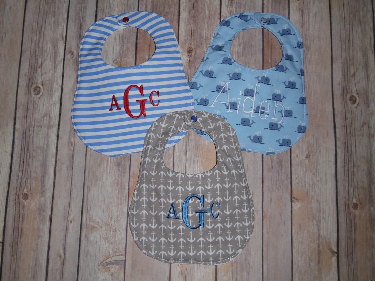 Personalized Bib Set of 3 - Nautical Prints - Stripes, Whales, Anchors