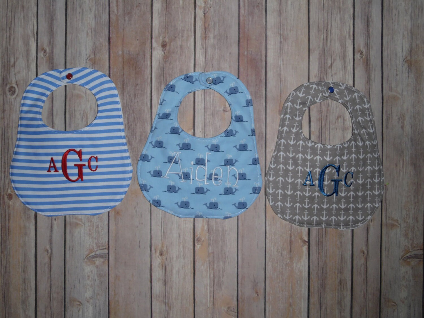 Personalized Bib Set of 3 - Nautical Prints - Stripes, Whales, Anchors