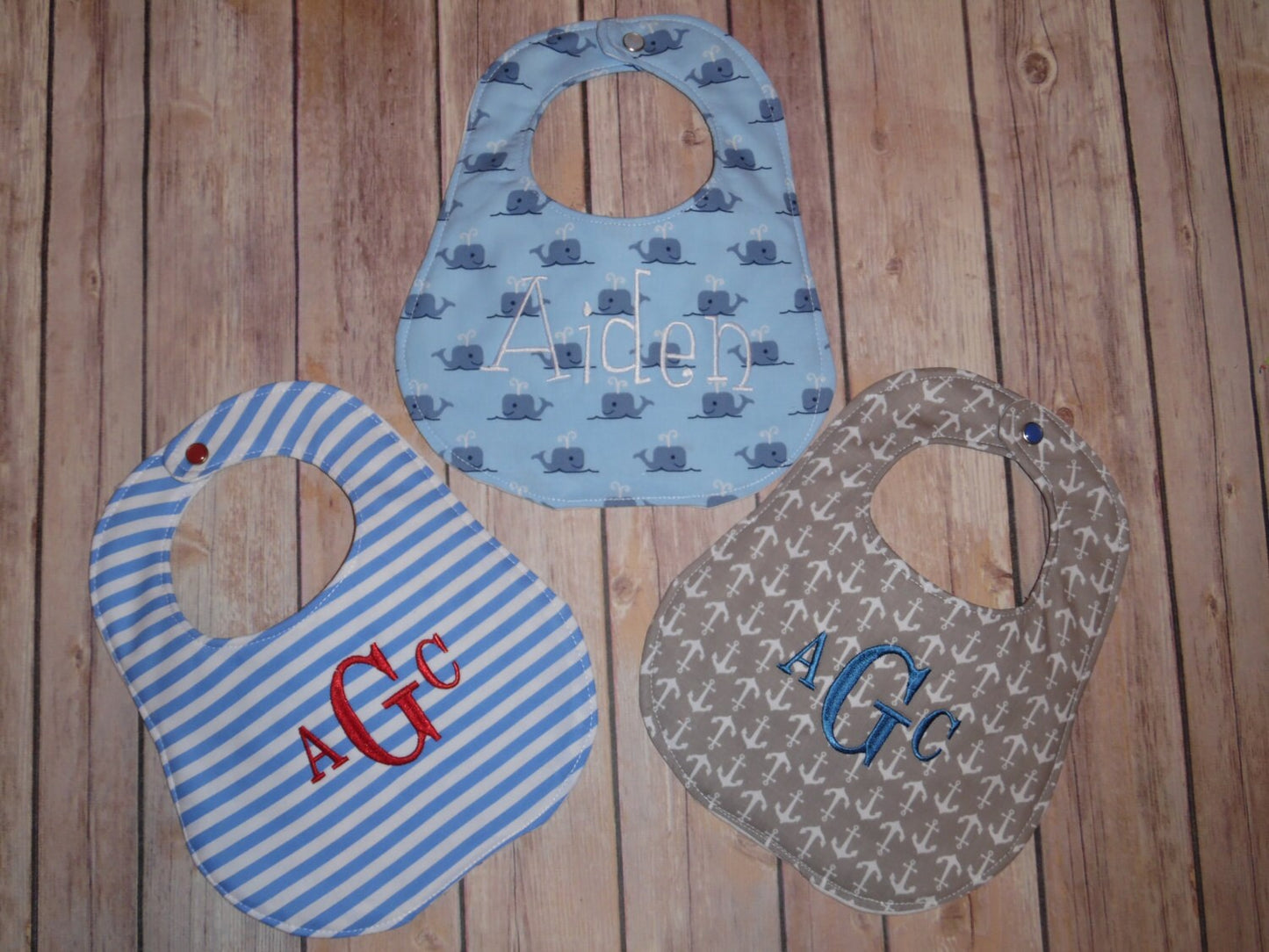 Personalized Bib Set of 3 - Nautical Prints - Stripes, Whales, Anchors