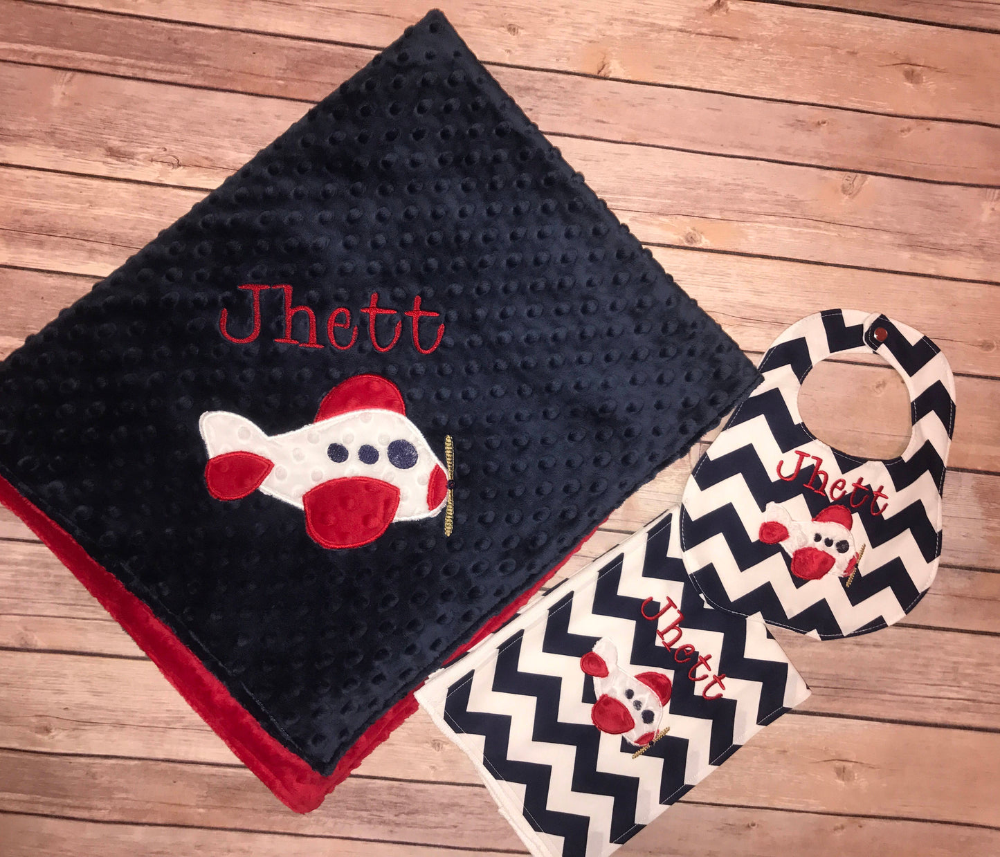 Airplane Bib & Burp Cloth - Custom Monogram - Medium Navy Chevron Boutique Bib and Burp Cloth set