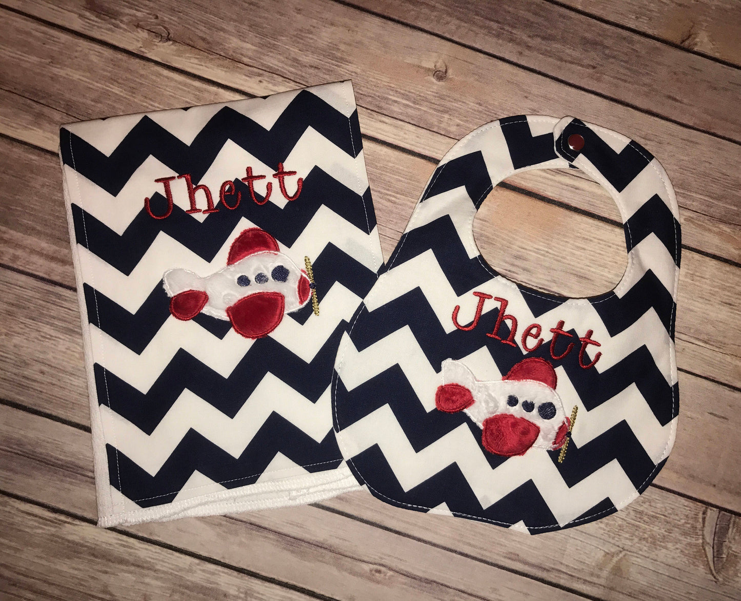 Airplane Bib & Burp Cloth - Custom Monogram - Medium Navy Chevron Boutique Bib and Burp Cloth set