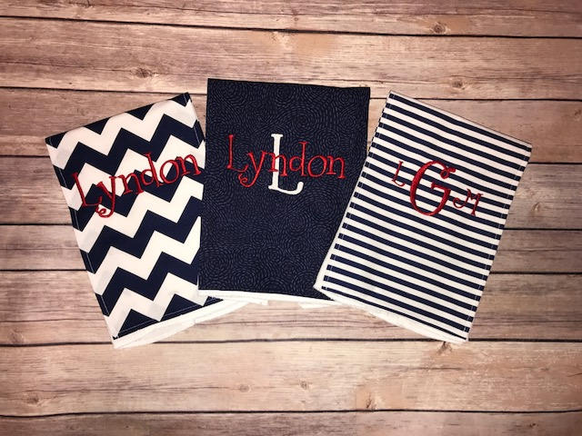 Personalized Burp Cloth Set of 3 - Navy Chevron, Navy & White Stripes and Navy Swirl