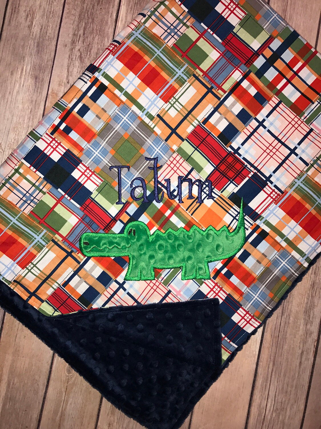 Alligator -Personalized Navy Minky Baby Blanket with Embroidered Alligator- Madras Plaid - Alligator Madras