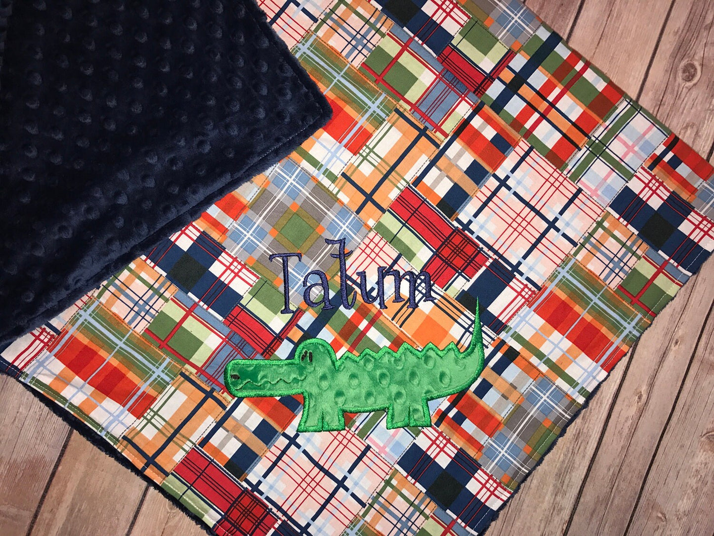 Alligator -Personalized Navy Minky Baby Blanket with Embroidered Alligator- Madras Plaid - Alligator Madras