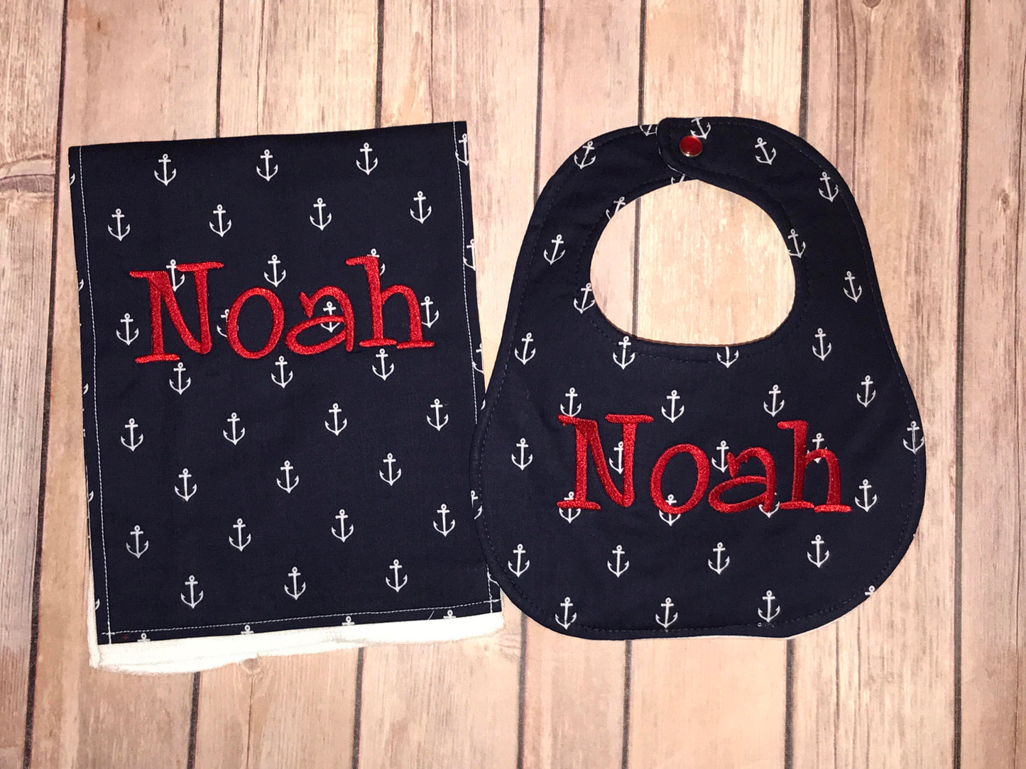 Personalized Bib and Burps Cloth set -Navy Anchors Boutique Bib and Burp Cloth set - Personalized