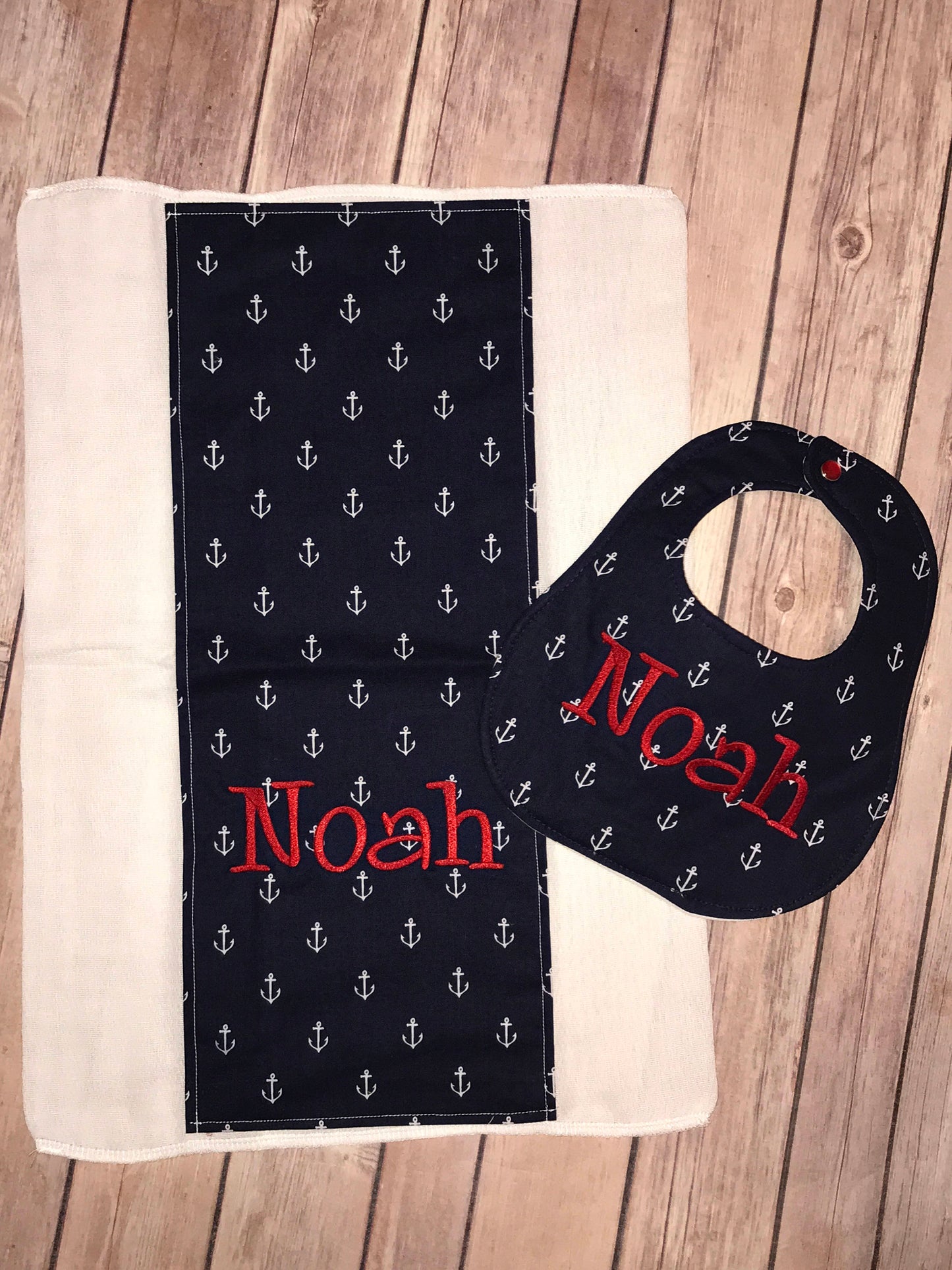 Personalized Bib and Burps Cloth set -Navy Anchors Boutique Bib and Burp Cloth set - Personalized