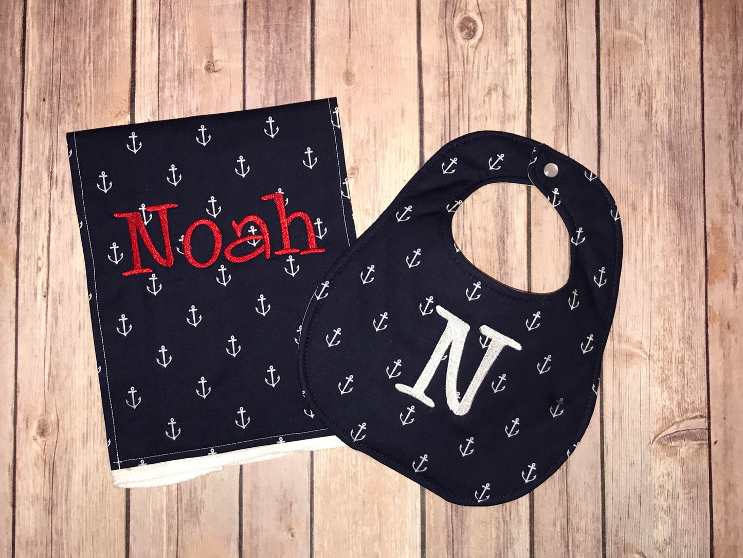 Personalized Bib and Burps Cloth set -Navy Anchors Boutique Bib and Burp Cloth set - Personalized