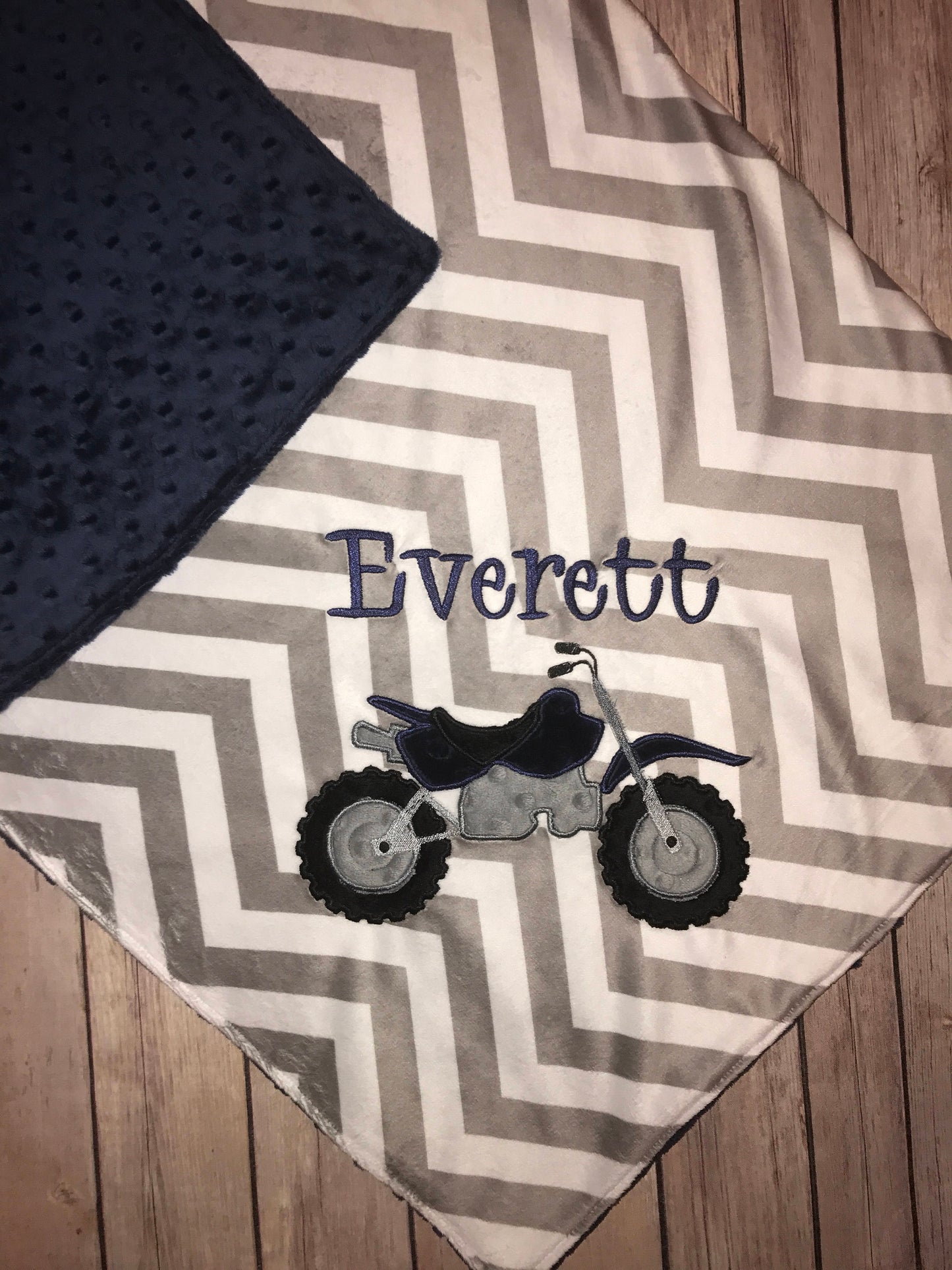 Dirt BIke- Personalized Minky Baby Blanket - Gray Chevron / Navy Minky - Embroidered Dirt Bike